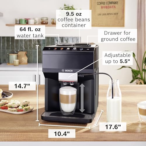 Bosch TPU40109 Serie 500 Máquina espresso totalmente automática con compartimento de grano entero y canal de café molido, pantalla TFT y panel de control táctil, sistema de leche externo y 9 opciones