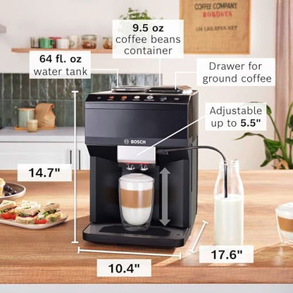 Bosch TPU40109 Serie 500 Máquina espresso totalmente automática con compartimento de grano entero y canal de café molido, pantalla TFT y panel de control táctil, sistema de leche externo y 9 opciones