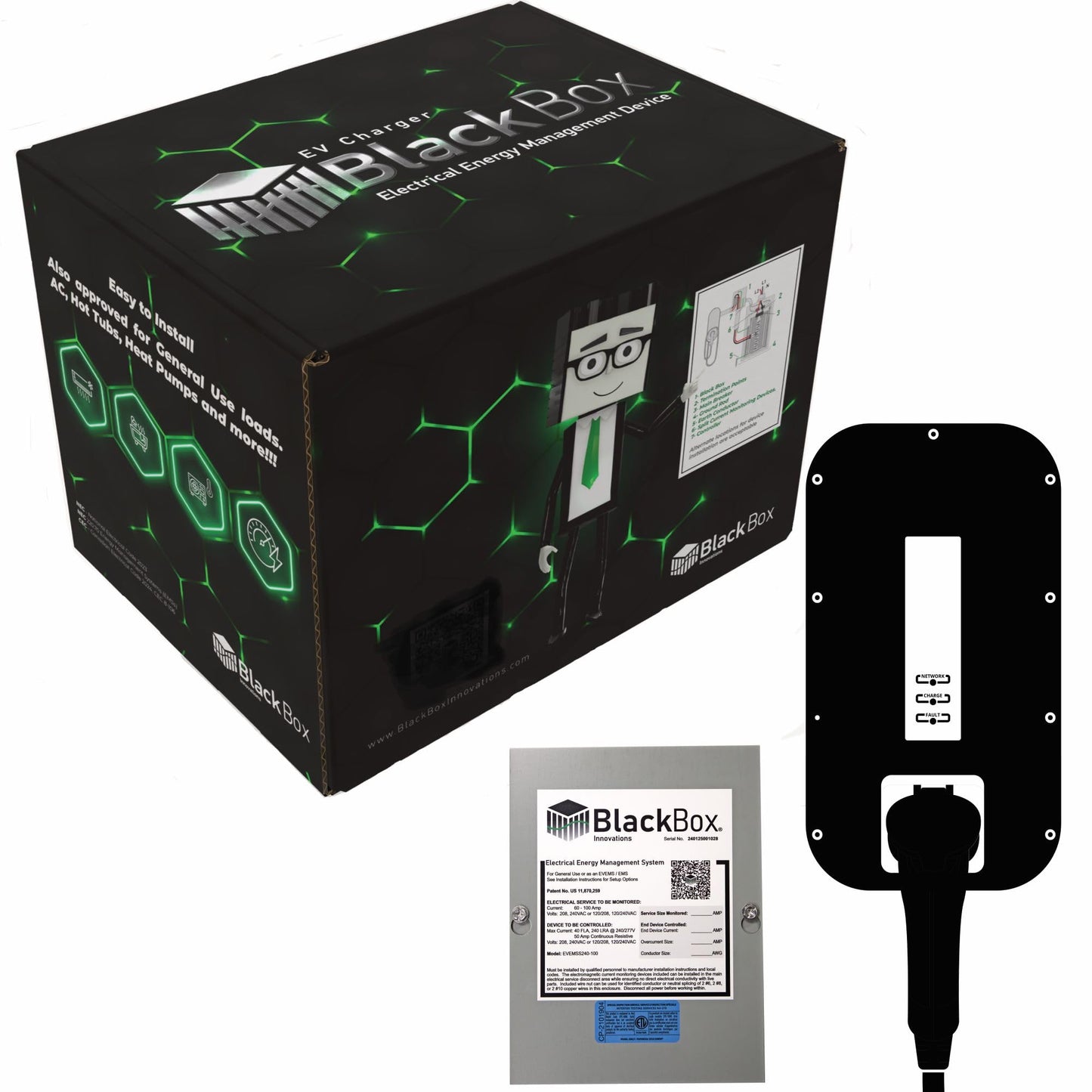 Cargador EV BLACKBOX 240V 125A a 200A Service– No requiere actualización del panel eléctrico o actualización de servicio. Permite 240 voltios hasta 48 amperios (60A) EV velocidad de carga rápida EV ‎EVEMS240-200