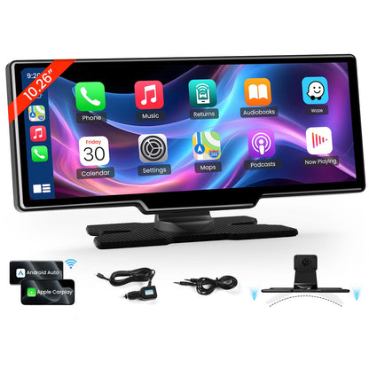 Pantalla Carplay inalámbrica de 10.26 pulgadas para automóvil, estéreo portátil para automóvil con Carplay y Android Auto, receptores de audio para automóvil con navegación GPS TECXERLLON