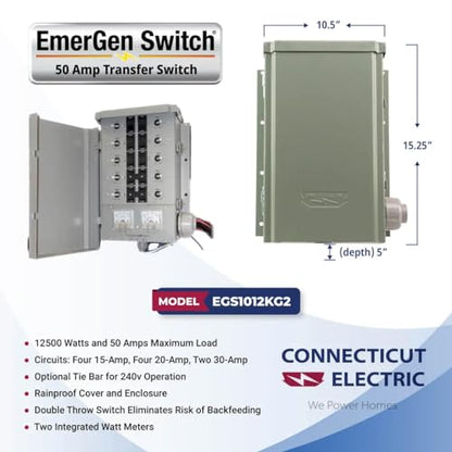 Connecticut Electric EmerGen - Interruptor de transferencia - 50 amperios, 10 circuitos, 12500 vatios, para generador (solo interruptor de transferencia)