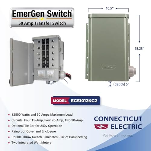 Connecticut Electric EmerGen - Interruptor de transferencia - 50 amperios, 10 circuitos, 12500 vatios, para generador (solo interruptor de transferencia)