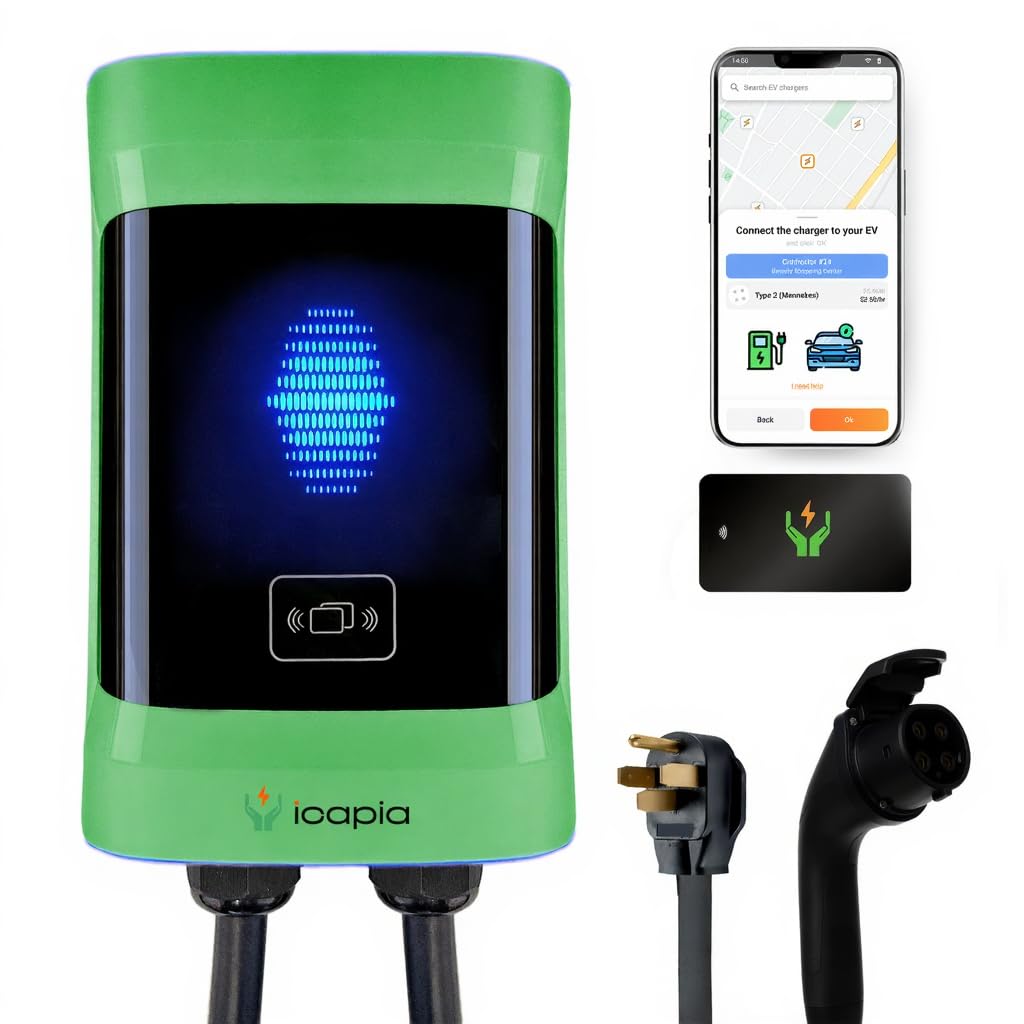 Icapia Cargador EV de nivel 2 comercial – 11.5kW Hardwire o 9.6kW Plug-in con cable de 25 pies, conector J1772 | Estación de carga habilitada y totalmente lista para OCPP 1.6 – RFID, control de aplicaciones ICACOP48-PS