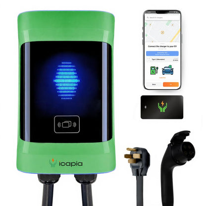Icapia Cargador EV de nivel 2 comercial – 11.5kW Hardwire o 9.6kW Plug-in con cable de 25 pies, conector J1772 | Estación de carga habilitada y totalmente lista para OCPP 1.6 – RFID, control de aplicaciones ICACOP48-PS