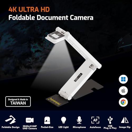 INS-Flip 4 4K USB Cámara portátil de documentos, cámara web/visualizador, 13MP Ultra HD, diseño plegable, enfoque automático, micrófono, LED, compatible con Mac OS, Windows, iPad, Chromebook