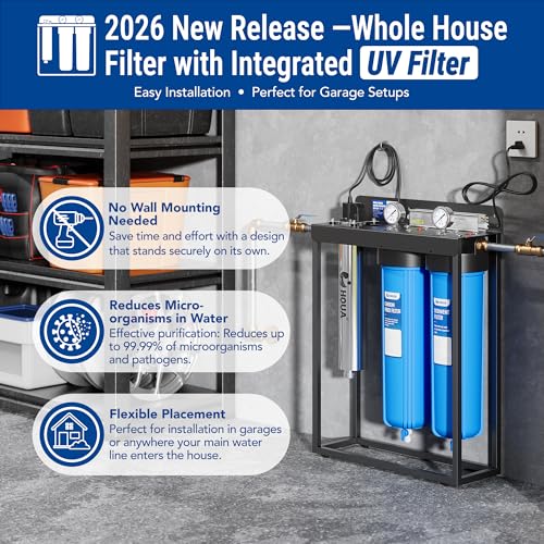 HQUA WF3-03 - Sistema de filtración de agua de 3 etapas para toda la casa, filtro UV incluido, reduce los metales pesados (plomo, mercurio, arsénico, cadmio, cromo), PFAS, cloro, sedimento, olor y compuestos orgánicos volátiles (COV) 6010101