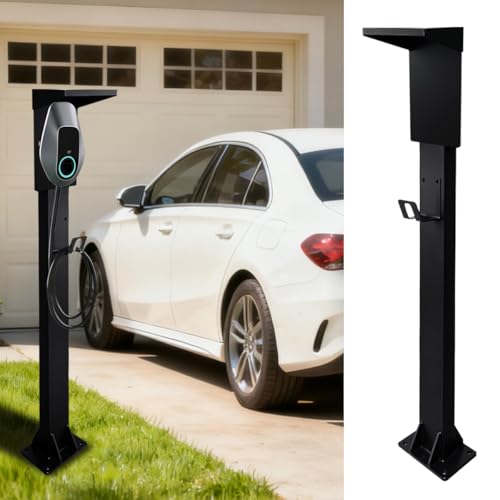 HJSM - Columna de estación de carga de acero laminado en frío con gancho adjunto, cubierta de lluvia mejorada, resistente a la intemperie para uso en exteriores e interiores, soporte de carga EV para