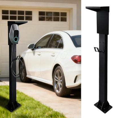 HJSM - Columna de estación de carga de acero laminado en frío con gancho adjunto, cubierta de lluvia mejorada, resistente a la intemperie para uso en exteriores e interiores, soporte de carga EV para