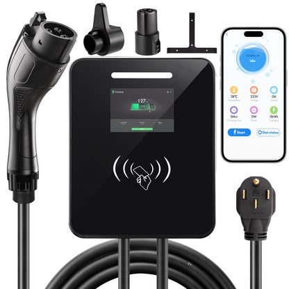 Cargador EV de nivel 2 de 48 amperios, 240 V, 11.5 KW 16 pies estación de carga de vehículos eléctricos con enchufe NEMA 14-50 y aplicación inteligente SAE J1772, carga programada