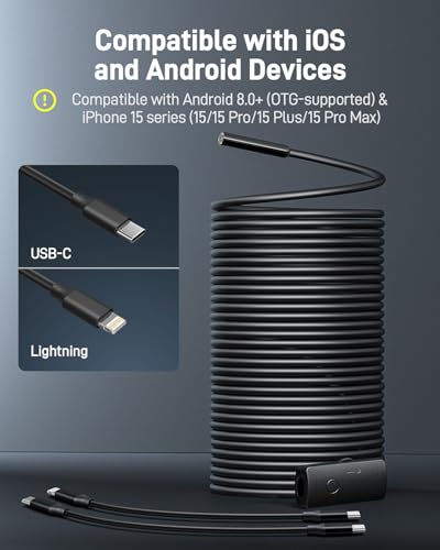 Anykit Cámara endoscopio USB con 8 luces LED ajustables, boroscopio con cámara de serpiente semirrígida, cámara de inspección impermeable IP67 compatible con dispositivos iPhone y Android (50 pies) NTC30L