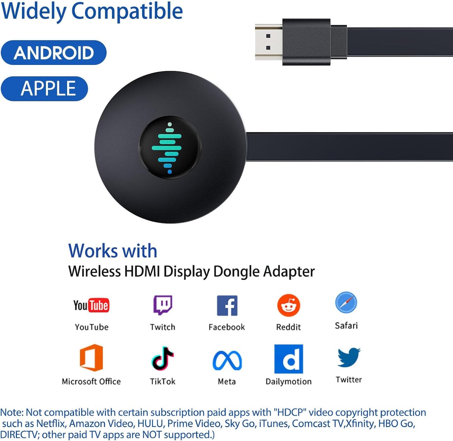 Adaptador de pantalla HDMI inalámbrico 5G, dongle Miracast 4K, espejo de pantalla para teléfono inteligente, Android, tableta, laptop, ventana a HDTV/monitor/proyector, DLNA compatible, Miracast