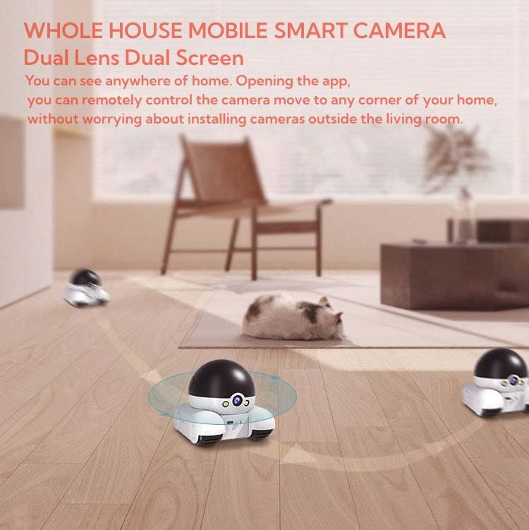 Movable 2MP+2MP Dual Lens Dual Screen Pet Robot 2.4 GHz WiFi Cámara de seguridad para el hogar inteligente P 360°/T 90° Rotación Monitoreo Teléfono App 2 Way Audio Detección de Movimiento Alertas