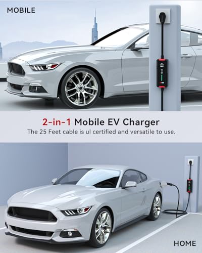 Cargador EV Nivel 2 40A - J1772 Enchufe Nema 14-50P | Cable de 25 pies | Adaptador Nema 5-15P a 14-50R | Estación de carga portátil para el hogar |