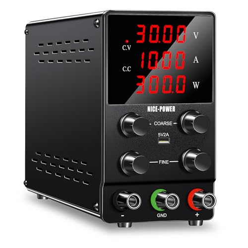 NICE-POWER SPS3010 Fuente de alimentación CC variable: 30V 10A Fuente de alimentación de conmutación ajustable regulada de alta precisión con pantalla LED de 4 dígitos, salida de cable de prueba de puerto USB