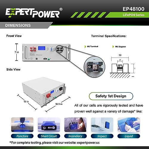 ExpertPower Batería recargable de ciclo profundo LiFePO4 de litio de 48 V 100 Ah y 5 KWh | 7000 ciclos de vida y 10 años de vida útil | BMS integrado y monitor LED | Fuera de la red, EP48100