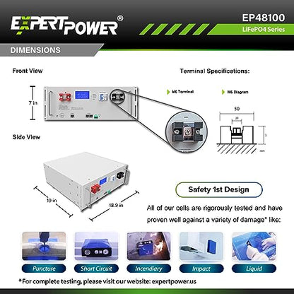 ExpertPower Batería recargable de ciclo profundo LiFePO4 de litio de 48 V 100 Ah y 5 KWh | 7000 ciclos de vida y 10 años de vida útil | BMS integrado y monitor LED | Fuera de la red, EP48100