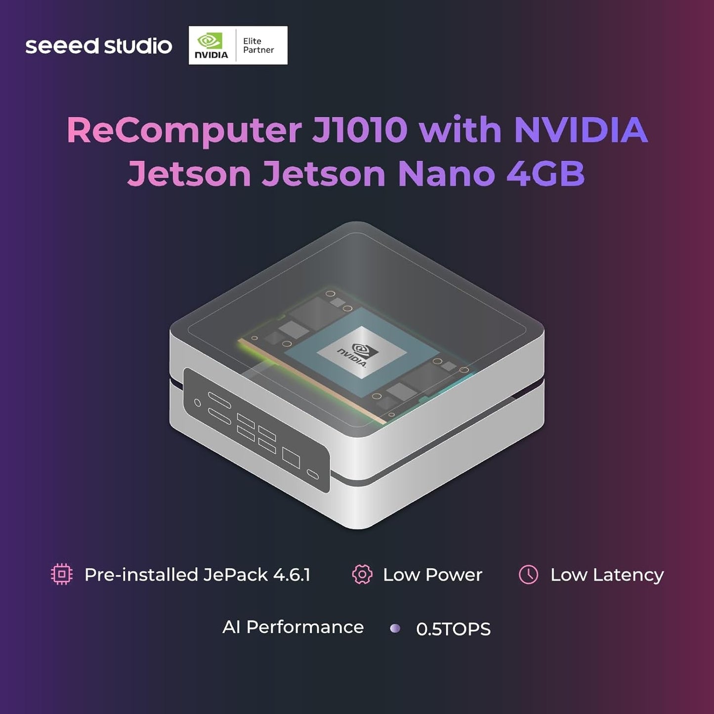 Seeed studio NVIDIA Jetson Nano Edge AI Device - Kit reComputer J1010, carcasa de aluminio, sistema Jetpack preinstalado. Mini PC con 0.5 TFLOP (FP16), fuente de alimentación no incluida