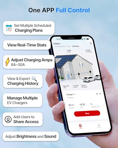 Cargador inteligente de nivel 2, gestión de carga activa, modo de carga solar, habilitado para Wi-Fi, compatible con OCPP y a prueba de futuro, cargador de EV enchufable NEMA 14-50 de 40 A