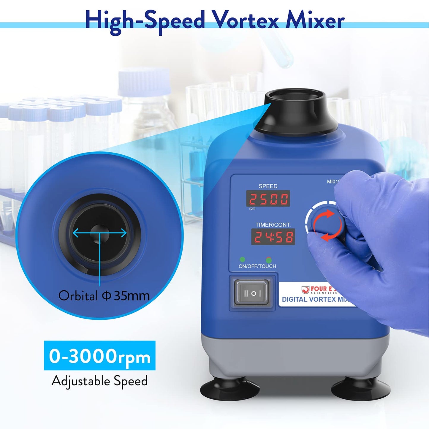 Four E's Scientific Mezclador de vórtice digital LED, velocidad 0-3000 rpm, diámetro orbital 0.236 in, 50/60Hz, táctil, temporizador y modos continuos, mezcla contenedores de 1.7 fl oz en 3 segundos - Sobremesa para laboratorio MI0101002D