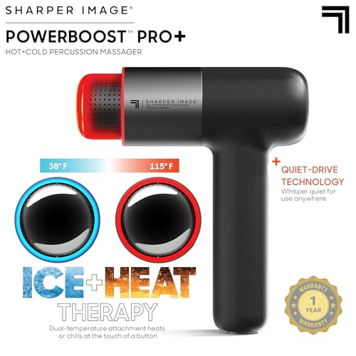 Sharper Image® Powerboost® Pro+ Pistola de masaje de tejido profundo caliente y frío - 6 velocidades, 6 accesorios, batería de 5 horas, estuche de viaje, base de carga, masajeador #1015848