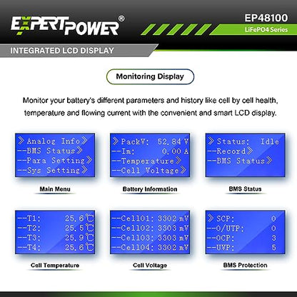ExpertPower Batería recargable de ciclo profundo LiFePO4 de litio de 48 V 100 Ah y 5 KWh | 7000 ciclos de vida y 10 años de vida útil | BMS integrado y monitor LED | Fuera de la red, EP48100