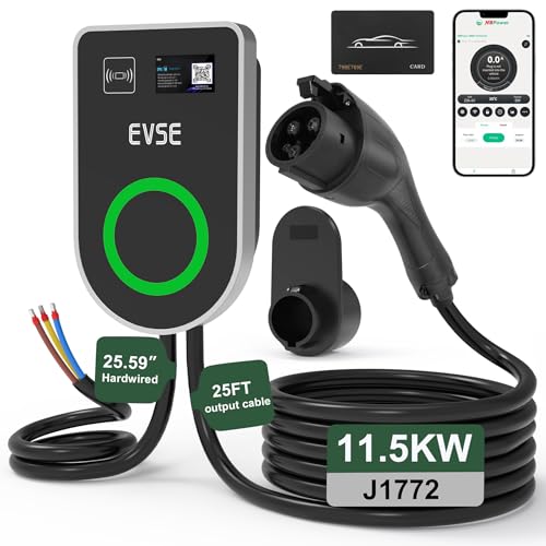 RUTU Cargador Ev de nivel 2 J1772, cargador Ev de nivel 2 de 48 amperios, cableado de hasta 11.5 Kw, cargadores eléctricos inteligentes para automóvil con cable flexible de 25 pies, estaciones de