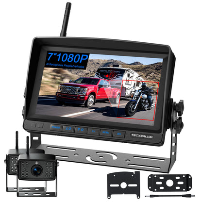 Cámara de respaldo para RV, 7 pulgadas, cámaras de respaldo de vehículo 1080P con detección de IA, cámara de respaldo inalámbrica impermeable con grabación DVR y visión nocturna para