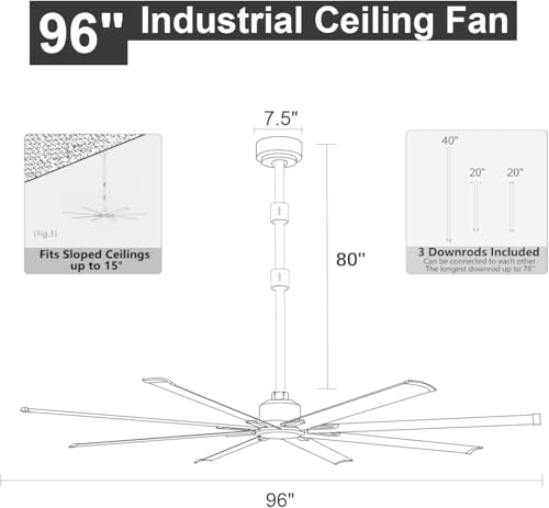 ZOEYON 96IN-Black- Ventilador de techo industrial de 96 pulgadas - Ventilador de techo grande con motor CC, 3 varillas de suspensión, control remoto de 6 velocidades, 8 cuchillas reversibles de aluminio