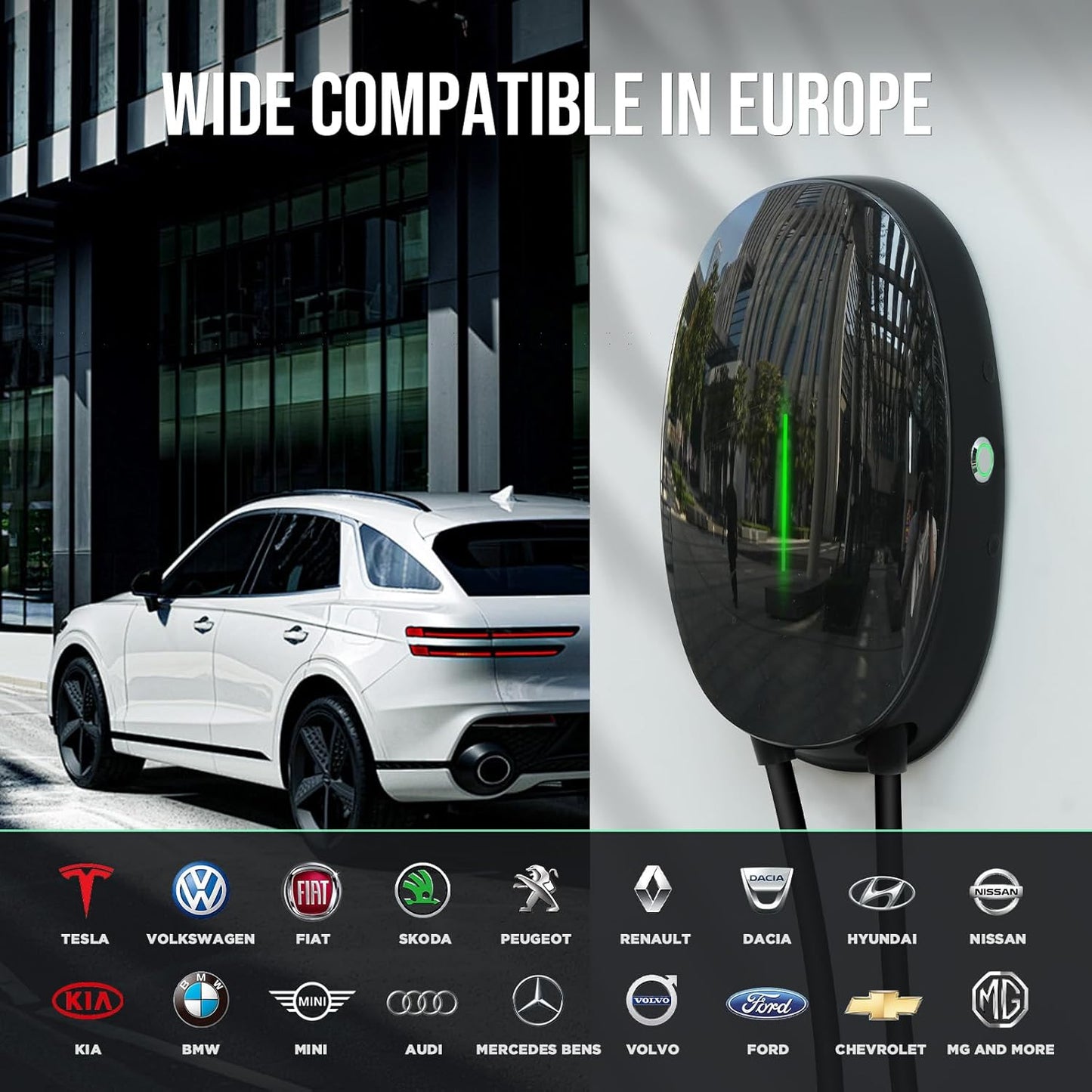 Teskee Cargador EV Tipo 2 Wallbox Home EV estación de Carga de Coche para Todos los vehículos eléctricos y Coches híbridos Plug-in en Exteriores e Interiores | Máximo 7,2 kW 32 A 6 Metros 1 Fase