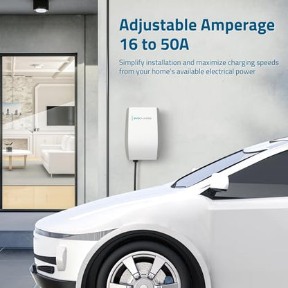Cargador para vehículos eléctricos de nivel 2 de hasta 50 amperios, WiFi inteligente y Bluetooth habilitado, cable de 25 pies, cableado de 240 V, certificación UL, EVC50012001