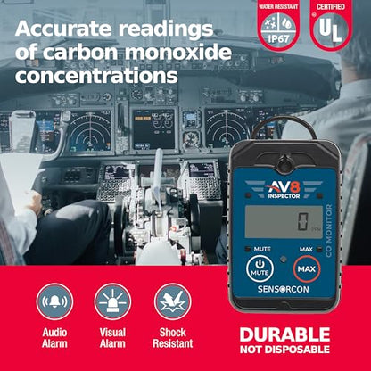 AV8 Inspector Detectores portátiles de monóxido de carbono para aviación - Monitor digital de monóxido de carbono de grado profesional con alarmas visuales y de audio