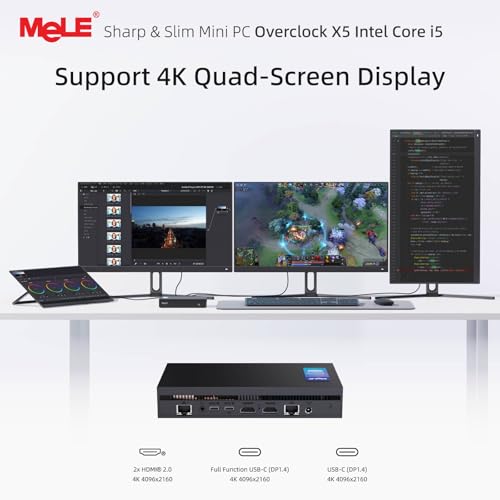 MeLE Overclock X5 Ultra Slim MiniPC Core-i5 12450H (hasta 4.4 GHz), 16 GB RAM 512 GB SSD, 3940 MB/s, 2 ranuras M.2, pantalla cuádruple HDMI×2/USB-C*2/4K computadora de escritorio oficina industrial y entretenimiento