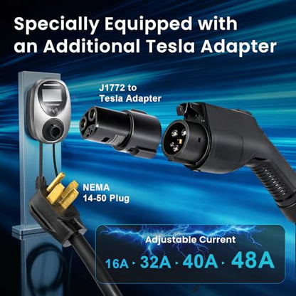GROWNEER Cargador EV de nivel 2 de 48 amperios, enchufe NEMA 14-50 de 240 V, cargador portátil para vehículo eléctrico de 25 pies con conector J1772 y adaptador Tesla, pantalla LCD, estación de carga - AY253608001