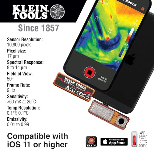 Klein Tools Cámara termográfica TI222 para iPhone y todos los dispositivos iOS, cámara de imágenes térmicas, 10.800 píxeles, paletas de tres colores, temperaturas altas/bajas