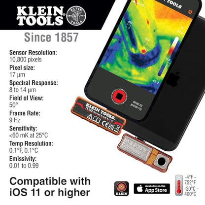 Klein Tools Cámara termográfica TI222 para iPhone y todos los dispositivos iOS, cámara de imágenes térmicas, 10.800 píxeles, paletas de tres colores, temperaturas altas/bajas