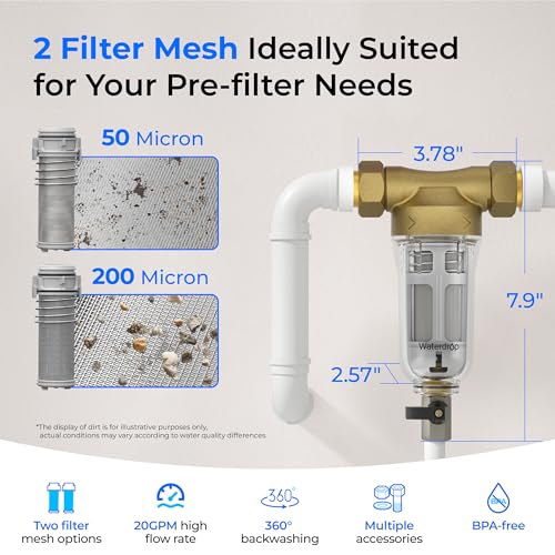 Waterdrop WD-RPFK52 Filtro de sedimento giratorio para toda la casa con retrolavado, 50 micrones+200 micrones, 1" MNPT + 3/4" FNPT + 3/4" MNPT, atrapa arena, libre | Backwash System for Well Water, 1" MNPT + 3/4" FNPT + 3/4" MNPT, Traps Sand