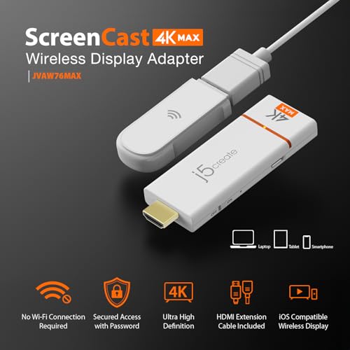 j5create ScreenCast - Adaptador de pantalla inalámbrico 4K Max con antena mejorada, transmisión de video y audio desde móvil/tableta/computadora portátil, compatible con AirPlay/Miracast/Chromecast en