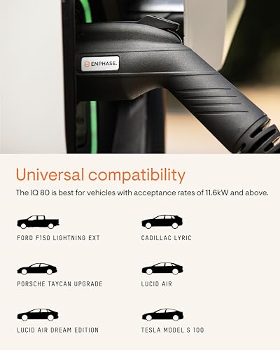 Cargador inteligente EV de 64 amperios - Enphase IQ 80, cableado, 15.4 kW de potencia, 240 V, conexión Wi-Fi, certificado de seguridad, cable de 25 pies y conector J1772 resistente