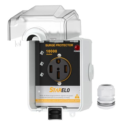 STARELO Caja de toma de corriente RV de 50 amperios con protector de sobretensiones impermeable (10000 julios), receptáculo NEMA 14-50R 125/250 voltios, con protección contra sobretensiones para