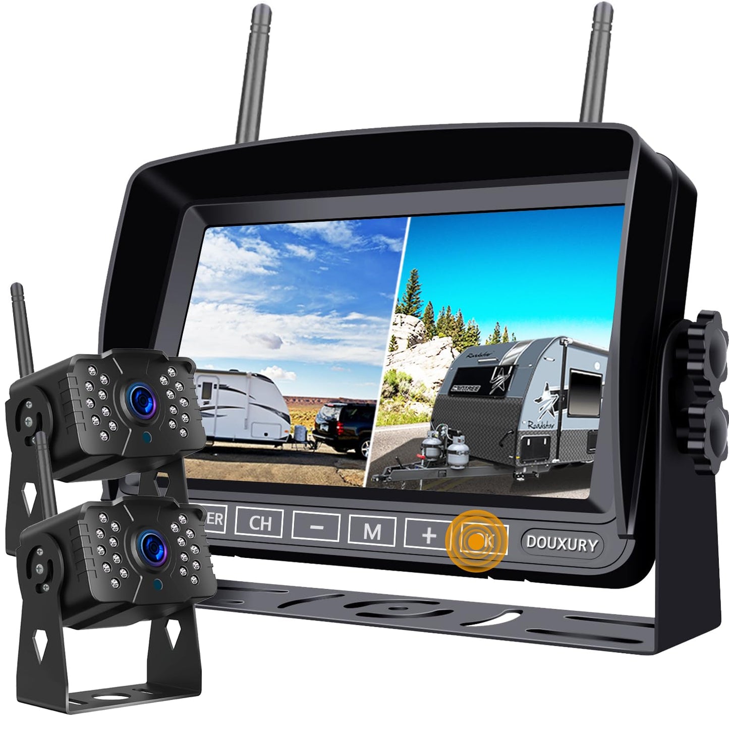 FHD 1080P 2 - Sistema de cámara de respaldo digital inalámbrico para vehículos recreativos, remolques, camiones, autocaravanas, 5ª ruedas, 4 canales 7 pulgadas, monitor de carretera, sistema de monitoreo de carretera IP69K, impermeable señal fuerte