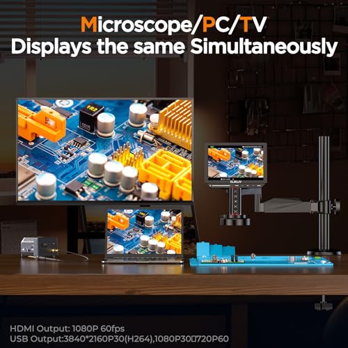 Elikliv Microscopio digital HDMI 4K Autofocus EM4K-AF, microscopio de soldadura de brazo flexible para adultos, microscopio de monedas de 10.1 pulgadas con luz de anillo, microscopios LCD de 52MP con
