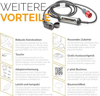 Juice Booster 2 Starter Set, Wallbox móvil 22 kW Sin instalación, Cargador para BEV con cable de carga tipo 2 E Car, Súper ligero y flexible, Resistente al agua IP67, Incluye adaptador CEE16 Rojo Trifásico