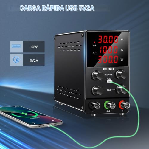 NICE-POWER SPS3010 Fuente de alimentación CC variable: 30V 10A Fuente de alimentación de conmutación ajustable regulada de alta precisión con pantalla LED de 4 dígitos, salida de cable de prueba de puerto USB
