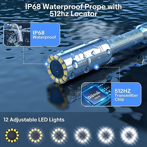 Oiiwak Cámara de alcantarillado con localizador, cámara de inspección de tuberías de 165 pies/164.0 ft con transmisor Sonde de 512 Hz IP68 impermeable conducto de drenaje Cámara de serpiente de