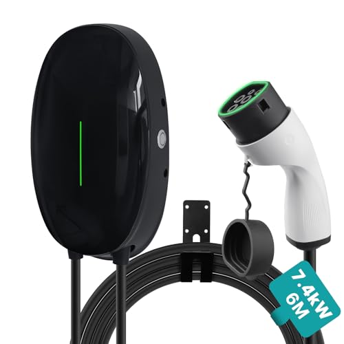 Teskee Cargador EV Tipo 2 Wallbox Home EV estación de Carga de Coche para Todos los vehículos eléctricos y Coches híbridos Plug-in en Exteriores e Interiores | Máximo 7,2 kW 32 A 6 Metros 1 Fase