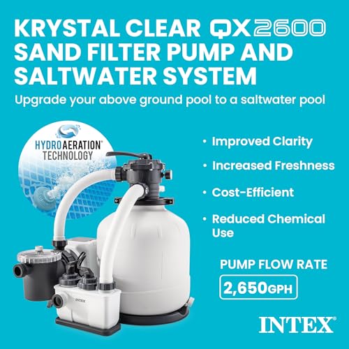 Intex Bomba de filtro de arena y sistema de agua salada para piscinas de hasta 15,000 galones, Krystal Clear - Control automático de algas y limpieza de piscinas sobre el suelo