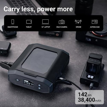 Omni Ultimate+ 38,400 mAh/142 Wh AC/DC/USB-C - Cargador portátil profesional de capacidad máxima aprobado por la FAA para portátiles, cargador universal para todos los dispositivos, solución de alimentación apta para viajes