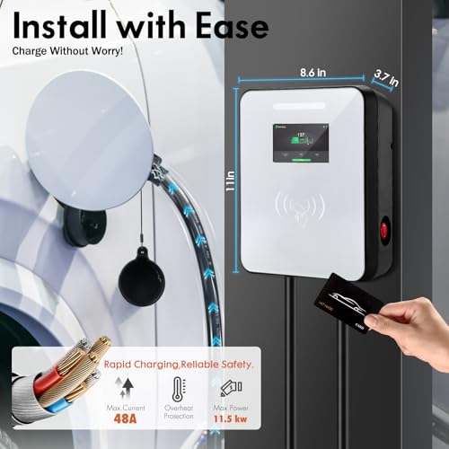 Cargador EV de nivel 2 de 48 amperios, 240 V, 11.5 KW y 25 pies con enchufe NEMA 14-50 y aplicación inteligente SAE J1772, carga programada, cable flexible de 25 pies