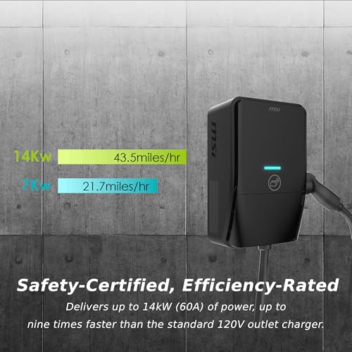 MSI EV Life Plus Tipo 1 (J1772) cableado, cargador de nivel 2, 240V, 60A, 14.4 kW, clasificación IP55, resistente al agua y al polvo, IK08 resistente a los impactos, certificado UL2594, Energy Star OCPP 1.6J