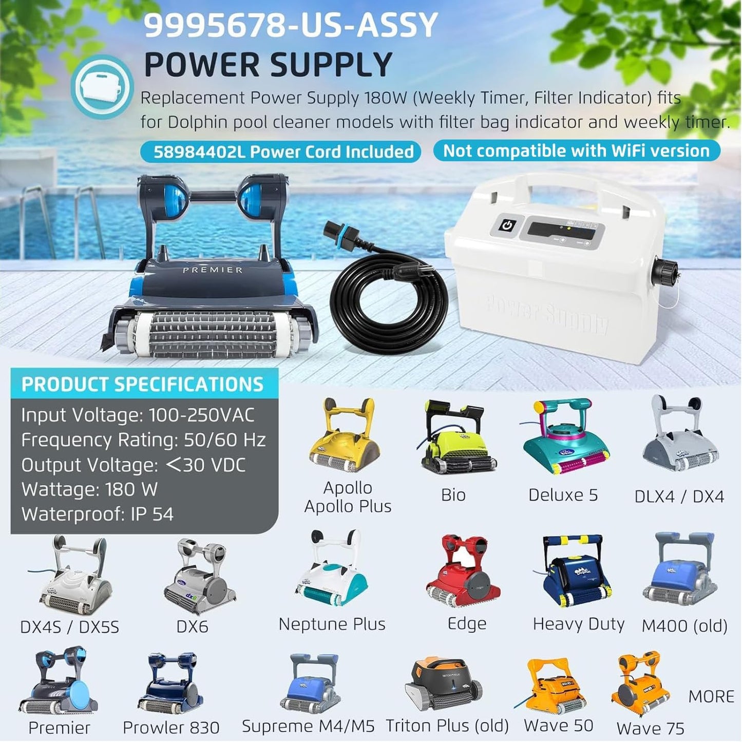 9995678 Fuente de alimentación con cable de repuesto para Dolphin Nautilus CC Plus, Premier, Apollo, Bio, Deluxe 5, DLX4, DX4, DX4S, DX5S, DX6, Edge, HD, M400, Neptune Plus, Prowler 830, Supreme M4 M5, Triton Plus, Wave 50 75 - 9995678-US-6